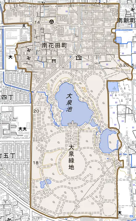 南花田町とその周辺の地図。町の範囲を重ねている