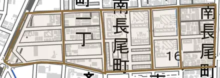 南長尾町とその周辺の地図。町の範囲を重ねている