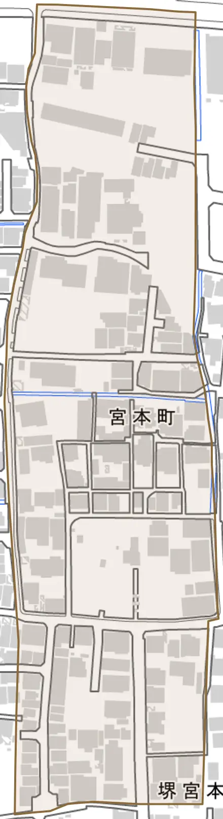 宮本町とその周辺の地図。町の範囲を重ねている
