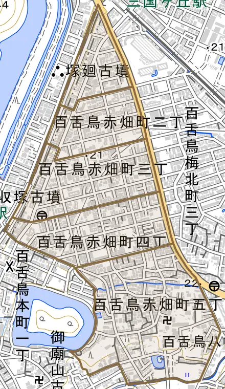百舌鳥赤畑町とその周辺の地図。町の範囲を重ねている