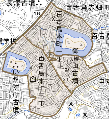 百舌鳥本町とその周辺の地図。町の範囲を重ねている