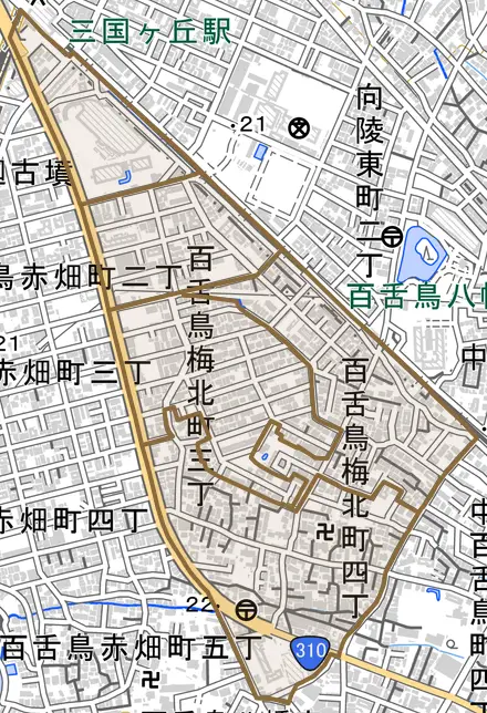 百舌鳥梅北町とその周辺の地図。町の範囲を重ねている