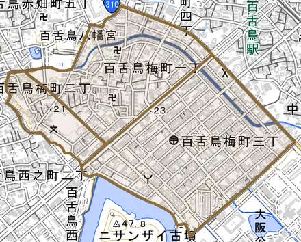 百舌鳥梅町とその周辺の地図。町の範囲を重ねている