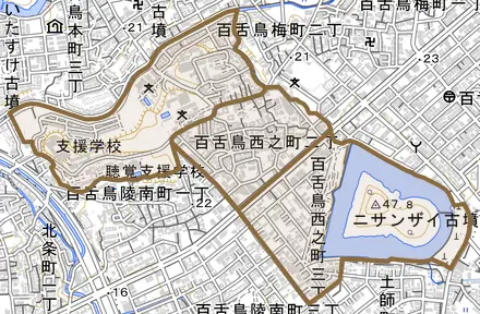 百舌鳥西之町とその周辺の地図。町の範囲を重ねている
