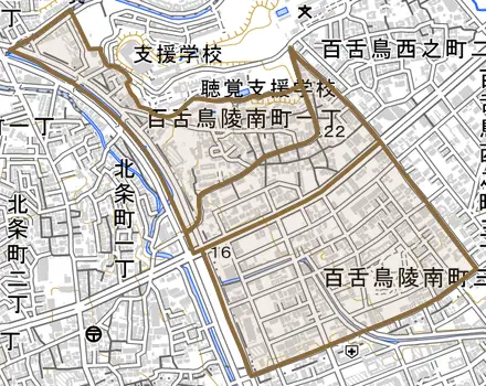 百舌鳥陵南町とその周辺の地図。町の範囲を重ねている