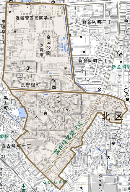 長曽根町とその周辺の地図。町の範囲を重ねている