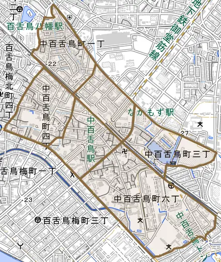 中百舌鳥町とその周辺の地図。町の範囲を重ねている