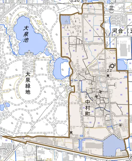 中村町とその周辺の地図。町の範囲を重ねている