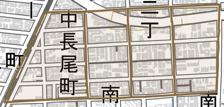 中長尾町とその周辺の地図。町の範囲を重ねている