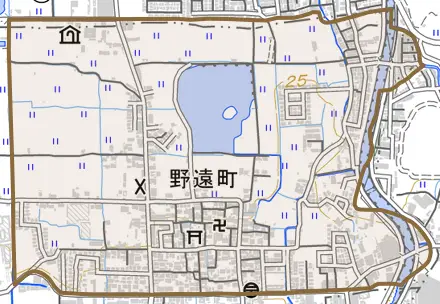 野遠町とその周辺の地図。町の範囲を重ねている
