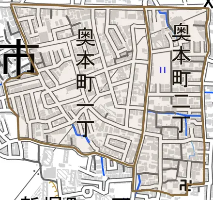 奥本町とその周辺の地図。町の範囲を重ねている