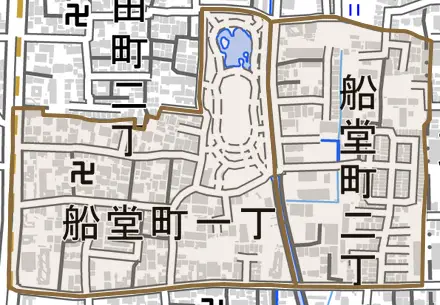 船堂町とその周辺の地図。町の範囲を重ねている