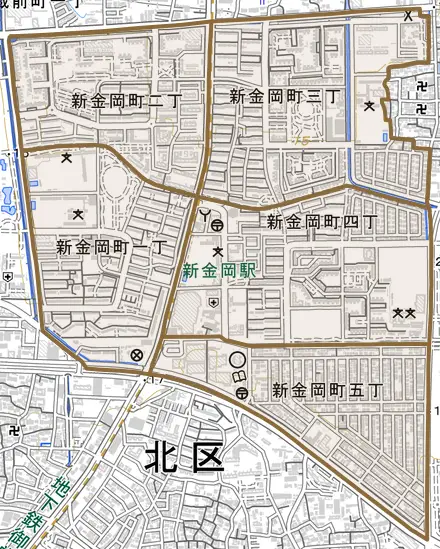 新金岡町とその周辺の地図。町の範囲を重ねている