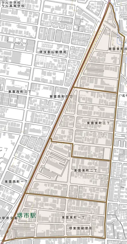 東雲東町とその周辺の地図。町の範囲を重ねている