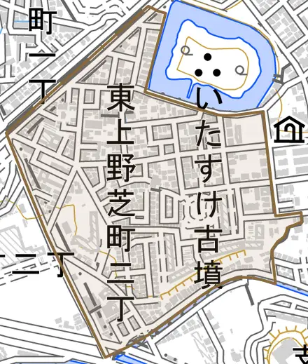 東上野芝町とその周辺の地図。町の範囲を重ねている
