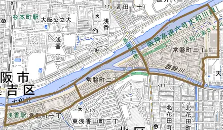 常磐町とその周辺の地図。町の範囲を重ねている