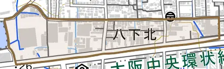 八下北とその周辺の地図。町の範囲を重ねている