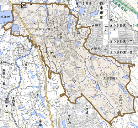 平尾とその周辺の地図。町の範囲を重ねている