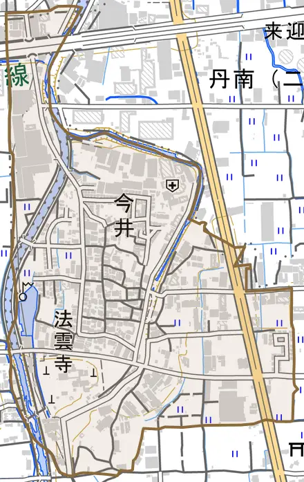 今井とその周辺の地図。町の範囲を重ねている
