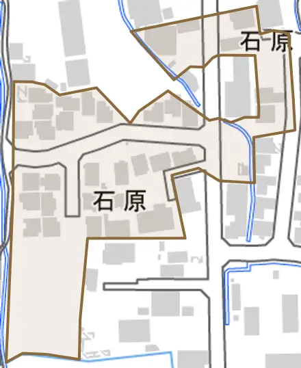 石原とその周辺の地図。町の範囲を重ねている