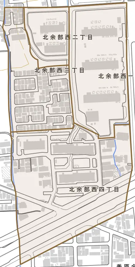 北余部西とその周辺の地図。町の範囲を重ねている