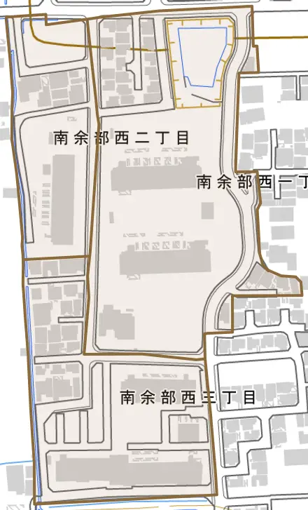 南余部西とその周辺の地図。町の範囲を重ねている