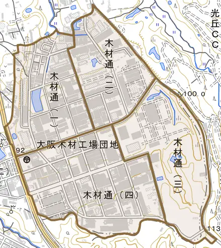 木材通とその周辺の地図。町の範囲を重ねている