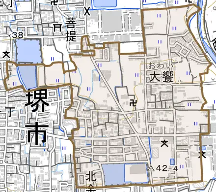 大饗とその周辺の地図。町の範囲を重ねている