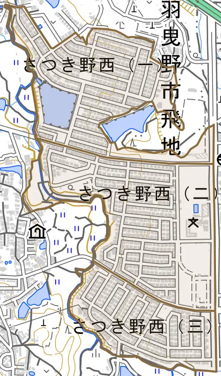 さつき野西とその周辺の地図。町の範囲を重ねている