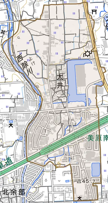 太井とその周辺の地図。町の範囲を重ねている