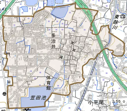 多治井とその周辺の地図。町の範囲を重ねている