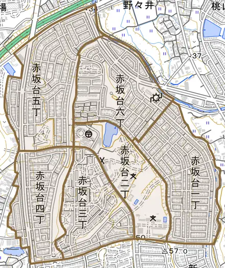 赤坂台とその周辺の地図。町の範囲を重ねている