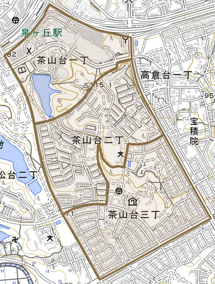 茶山台とその周辺の地図。町の範囲を重ねている