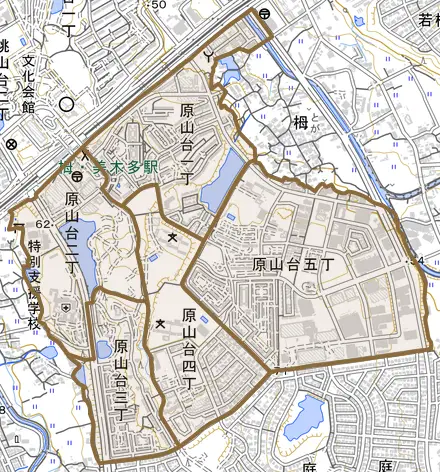 原山台とその周辺の地図。町の範囲を重ねている