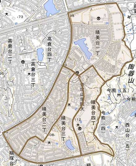 晴美台とその周辺の地図。町の範囲を重ねている