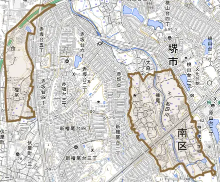 檜尾とその周辺の地図。町の範囲を重ねている