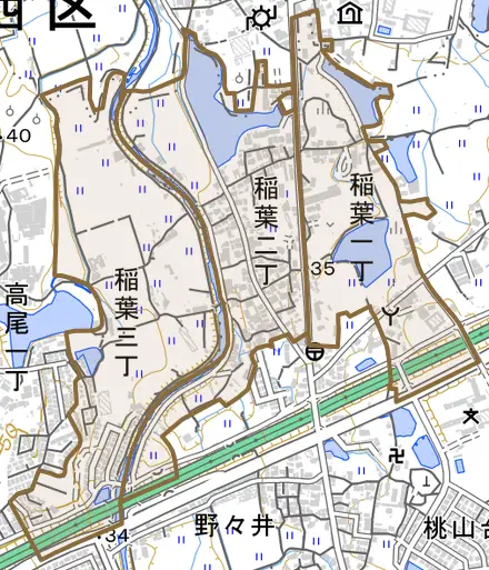 稲葉とその周辺の地図。町の範囲を重ねている