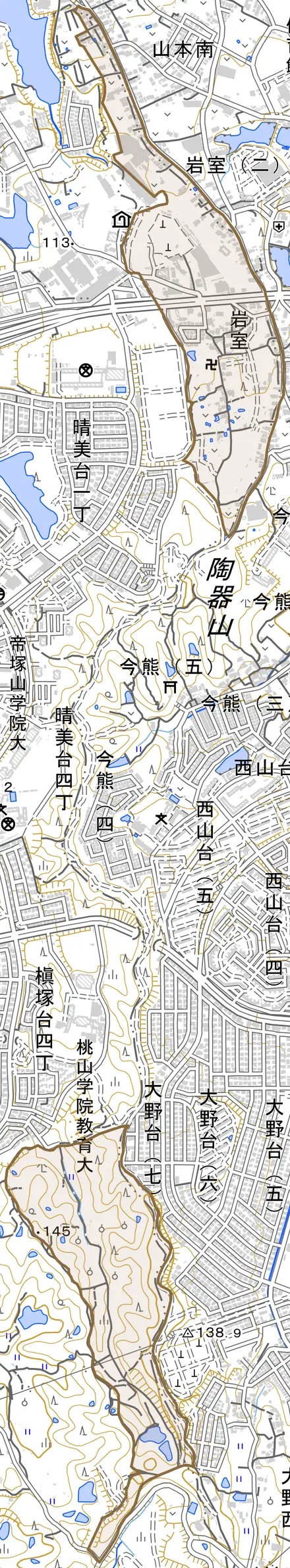 岩室とその周辺の地図。町の範囲を重ねている