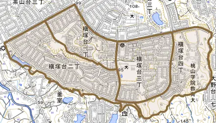 槇塚台とその周辺の地図。町の範囲を重ねている