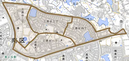 三原台とその周辺の地図。町の範囲を重ねている