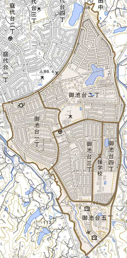 御池台とその周辺の地図。町の範囲を重ねている