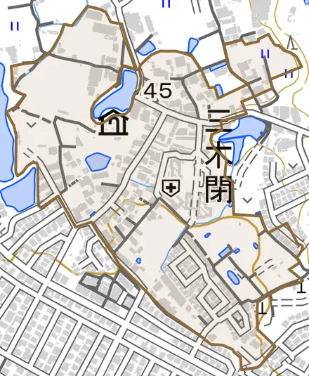 三木閉とその周辺の地図。町の範囲を重ねている