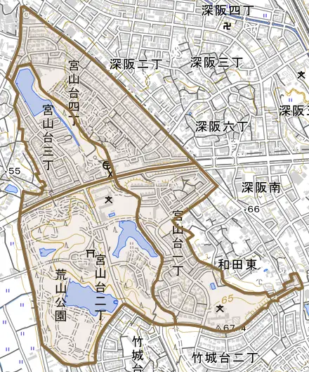宮山台とその周辺の地図。町の範囲を重ねている