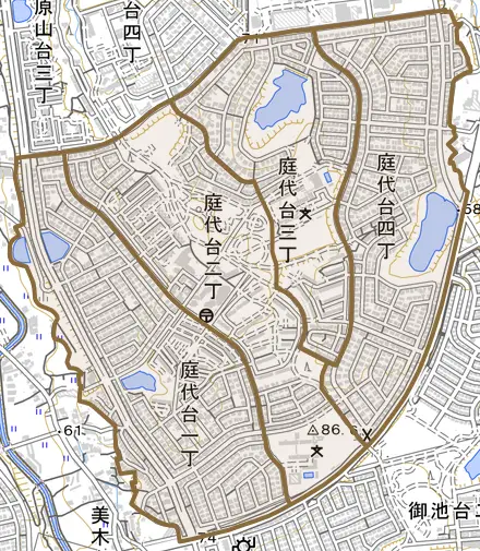 庭代台とその周辺の地図。町の範囲を重ねている