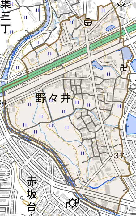 野々井とその周辺の地図。町の範囲を重ねている