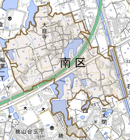 大庭寺とその周辺の地図。町の範囲を重ねている