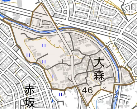 大森とその周辺の地図。町の範囲を重ねている