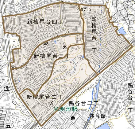 新檜尾台とその周辺の地図。町の範囲を重ねている