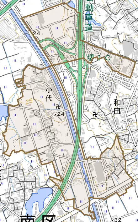 小代とその周辺の地図。町の範囲を重ねている