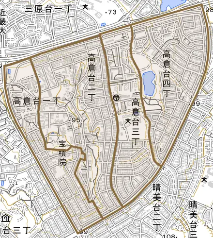 高倉台とその周辺の地図。町の範囲を重ねている